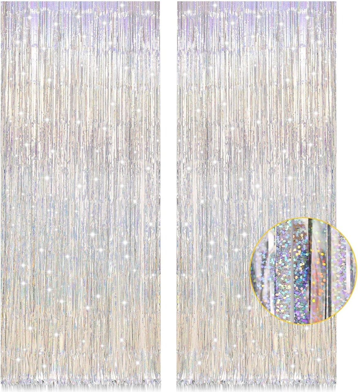 2 Pack 3.2ft x 8.2ft Silver Metallic Tinsel Foil Fringe Curtains (Silver)
